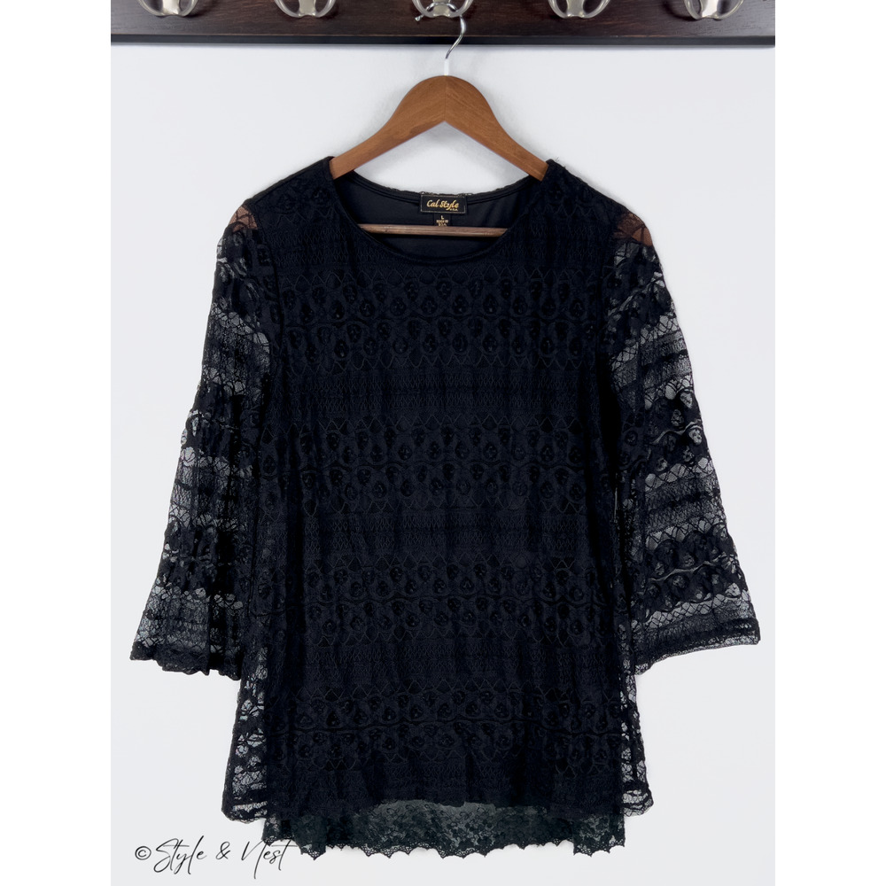 Women’s Whimsigoth Sheer Lace Overlay Tunic Gothic Fairycore Blouse Witchy Large